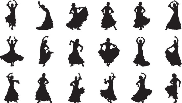 Black silhouette dancer icons, 20 dancing women, ballet, flamenco, modern dance, vector graphics isolated on Transparent Background