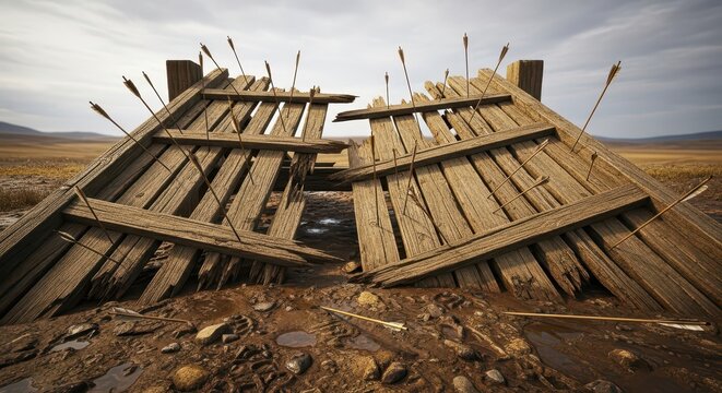 A Shattered Wooden Siege Ramp Pierced by Numerous Arrows