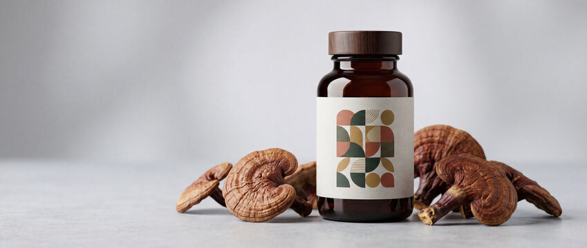 Reishi mushroom supplement bottle with dried ganoderma mushrooms on neutral background