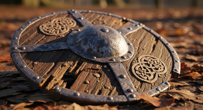 A Shattered Wooden Viking Shield with Metal Reinforcements and Celtic Knotwork