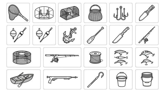 Fishing gear icons in grid including net, trap, hooks, float, oar, knife, rod, anchor, bucket, harpoon, rowboat.