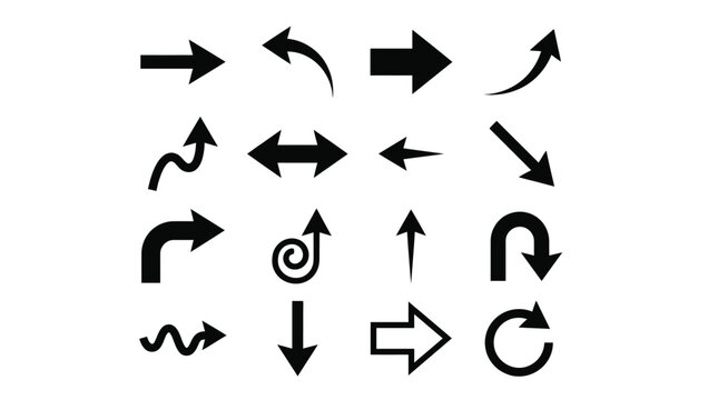 Black arrow icons in grid, including straight, curved, wavy, spiral, circular, rotation, diagonal, bent, directional, and looping designs.
