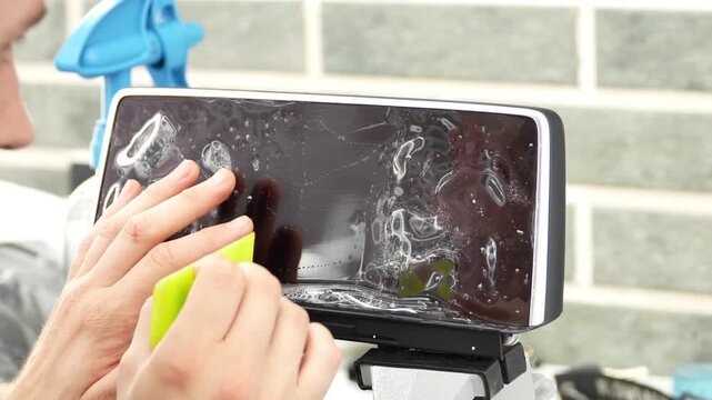 A man wrapping a protective PPF film on a car monitor. The protective glass or film protects the monitor from scratches, fingerprints and other mechanical damage. Wrapping a protective film. 
