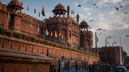 Obraz premium India's Red Fort decorated with flags and flowers under a flock of birds
