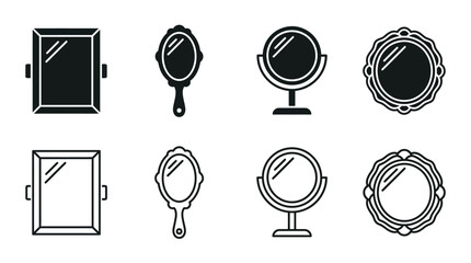 Obraz premium Black‑and‑white mirror icons in filled and outlined styles, including wall, handheld, tabletop, and round designs, symbolizing reflection and clarity.