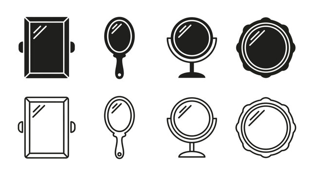 Black‑and‑white mirror icons in filled and outlined styles, including wall, handheld, tabletop, and round designs, symbolizing reflection and clarity.