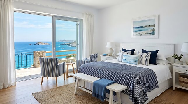 Modern luxury bedroom featuring panoramic sea views from a coastal villa balcony.