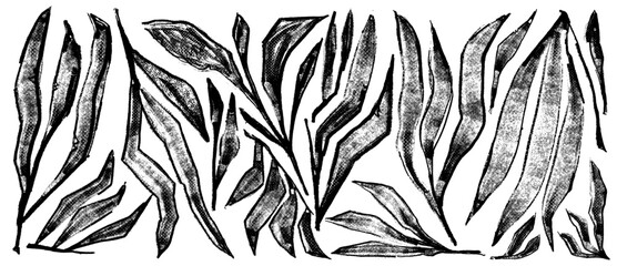 Obraz premium Set of abstract art vintage black tropical line art leaves. Stile vector halftone. Wallpaper design with leaves shapes and scribble doodle linear leaf. Collection of vintage botanical floral elements.