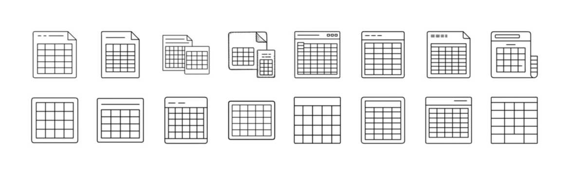 Flat design spreadsheet and grid document icons set - Minimalist icon set showing various spreadsheet and grid documents, perfect for business and office presentations or apps.