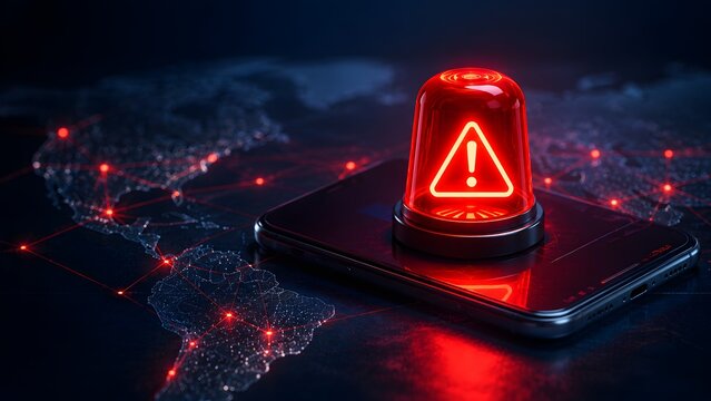 Cybersecurity global threat and emergency alert concept featuring a red glowing warning siren on a mobile phone over a digital network map.