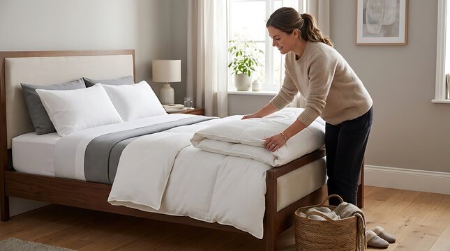 Smiling woman making bed, placing a white duvet in a modern, clean bedroom. Adult female performing a daily chore at home.