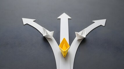Leadership and unique business strategy concept showing a yellow paper boat taking a direct path while others diverge.