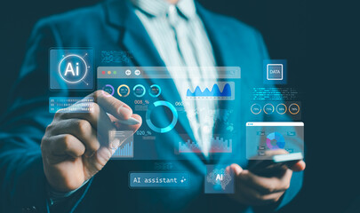 Fototapeta premium Businessman using stylus pen with AI assistant data dashboard on virtual screen, analyzing financial chart, big data processing and business intelligence concept.
