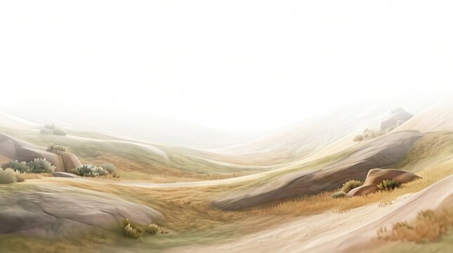 Serene Abstract Valley Landscape with Soft Rolling Hills, Gentle Earth Tones, Misty Horizon, and Minimal Nature Panorama Background Illustration