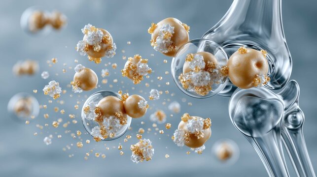 Artistic representation of molecular structures interacting with human joint, showcasing health and biology concept