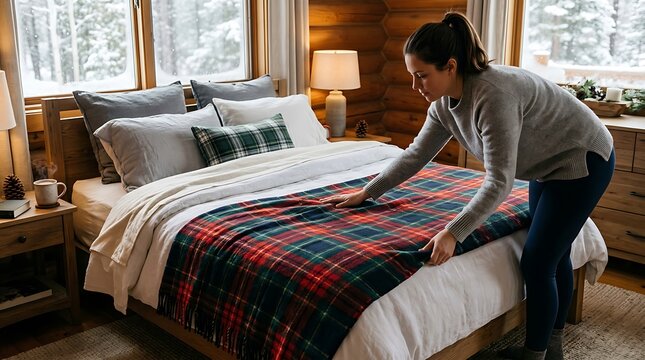 Woman making a cozy bed with plaid blanket in rustic cabin bedroom during winter