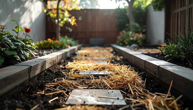 Garden pathway with straw and stones.