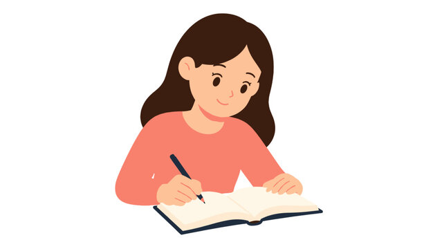 Young woman writing in an open notebook illustration
