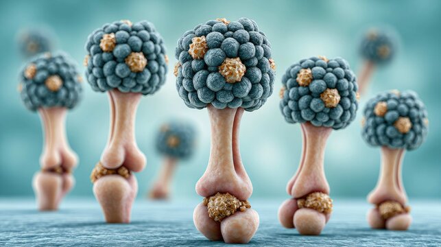 Exquisite Digital Illustration of Microbial Structures Resembling Trees on a Soft, Textured Background in Blue Tones