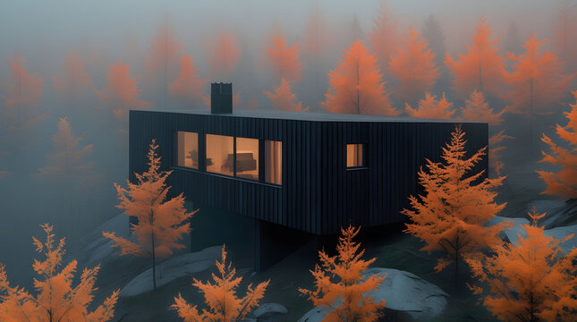 Modern architectural design of a dark wooden chalet inside a foggy autumn woods at twilight, warm interior lights, luxury nordic cottage lifestyle.