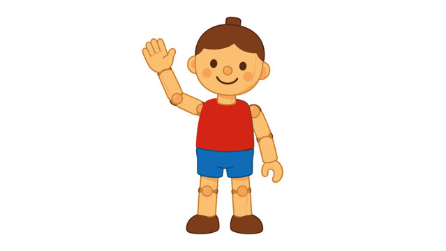 Wooden toy doll character waving in simple cartoon vector style