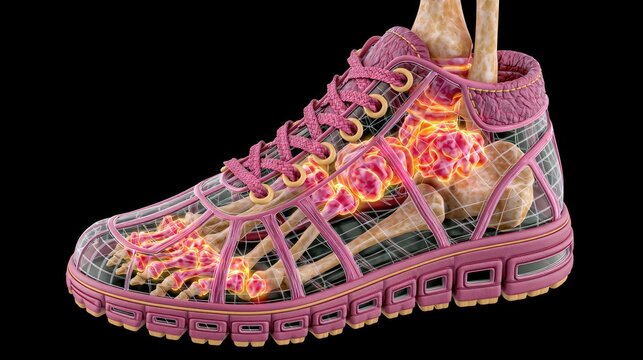 Futuristic Running Shoe Design with Transparent Structure Highlighting Skeletal Elements and Vibrant Color Contrast