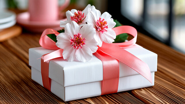 A white gift box tied with a coral ribbon and adorned with delicate white and pink flowers sits on a wooden surface.