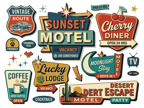 Collection of vintage and retro motel, diner, and lodge signs with neon-style graphics and classic American roadside appeal