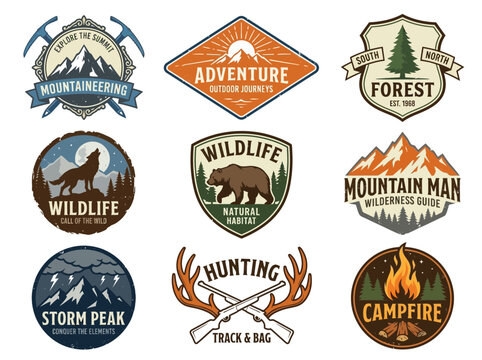 Collection of vintage outdoor adventure logos featuring mountains, wildlife, and camping themes