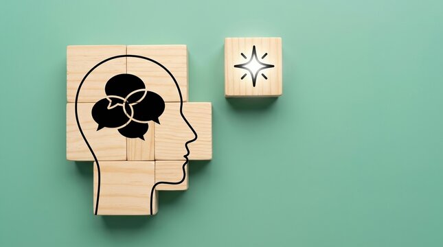 Collaborative thinking, teamwork, creativity concept with head silhouette puzzle and idea symbol.