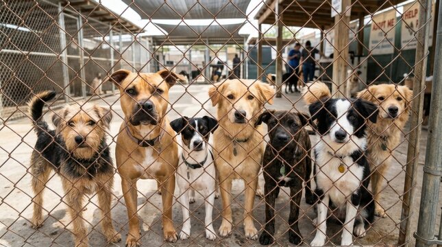 Hopeful mixed breed dogs wait behind a chain-link fence at an animal rescue shelter looking for forever homes and adoption. These abandoned pets seek love and companionship in a clean outdoor kennels.