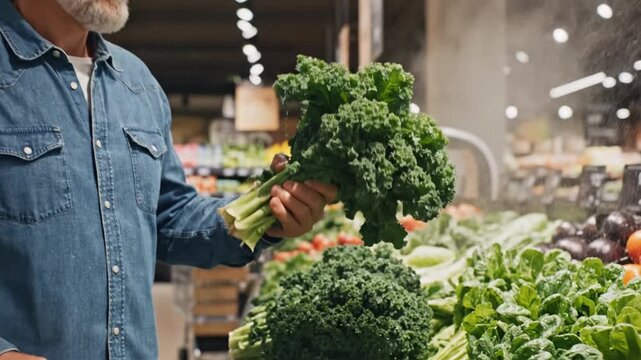 Man in denim shirt selecting fresh green kale from a misted produce display in a modern supermarket