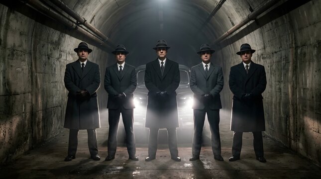 Mysterious Men in Suits Standing in Dimly Lit Tunnel