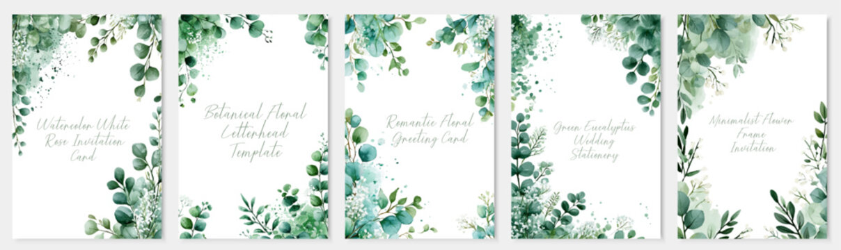 Eucalyptus sprigs creating corner compositions on abstract watercolor blotches, forming blank cards for various event announcements and document headers