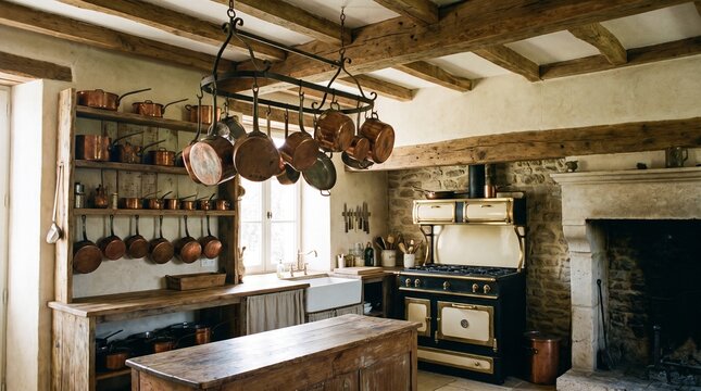 Rustic antique farmhouse kitchen with hanging copper pots, wooden ceiling beams, and traditional black range stove