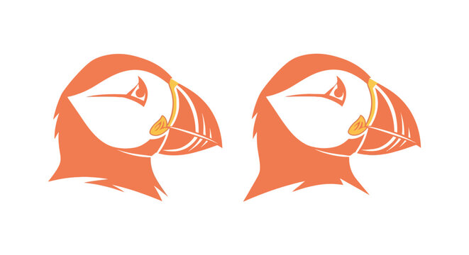 Colorful Puffin Bird Heads Illustration Pair.