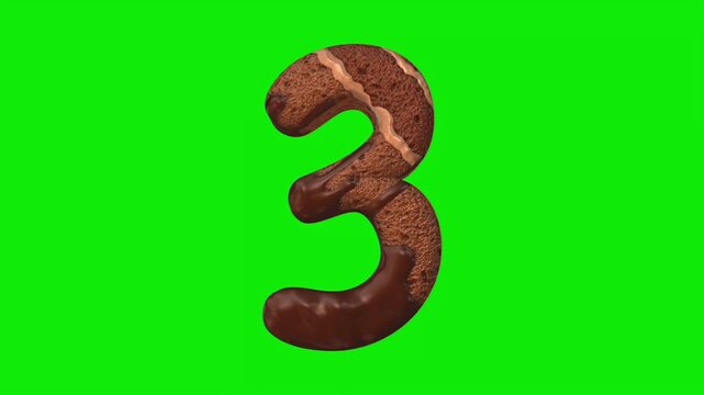 Chocolate cake shaped number animation on a green screen background.