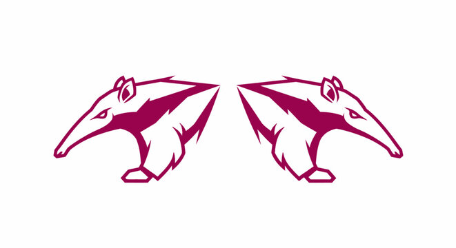Two anteater heads facing opposite directions in maroon color.