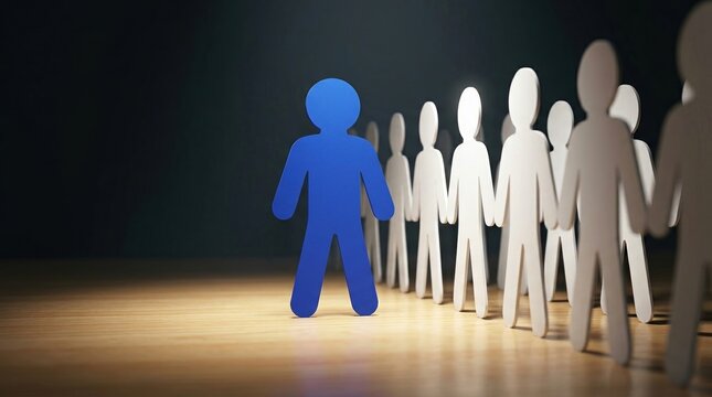 Leadership, standout employee, talent management concept with blue figure leading white paper people.