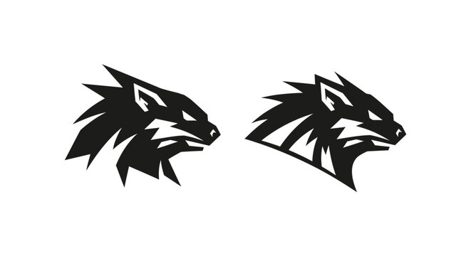Black and white stylized wolf head logo design.