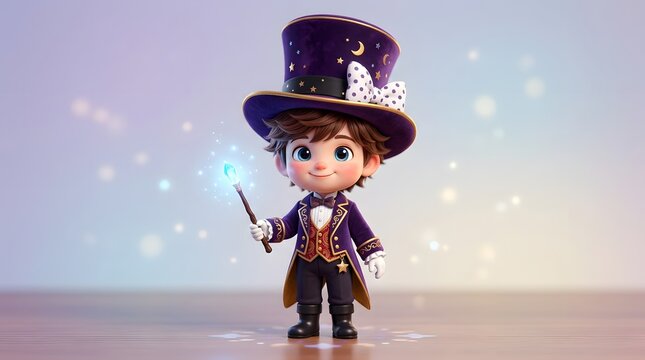 Charming cartoon magician with wand and top hat on wooden surface