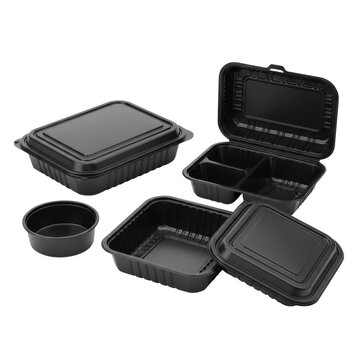four empty matte black pp plastic clamshell takeout containers (various sizes/states) isolated on a transparent studio background, showcasing commercial food delivery packaging concept