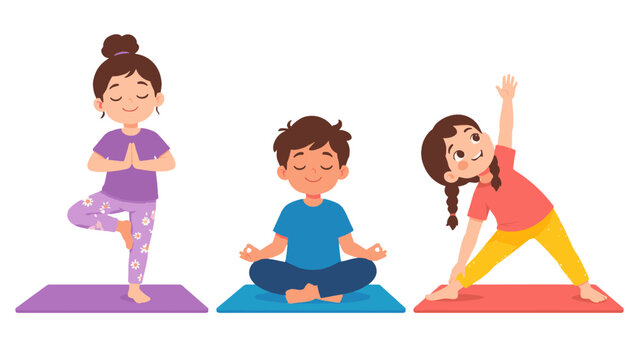 Children practicing yoga poses on colorful exercise mats