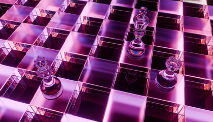 Vibrant chessboard featuring glass pieces, illuminated with purple and pink hues, creates striking visual effect © BHP Studio
