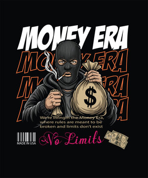 Monochrome of a money era mobster with cash and dice gangster suit