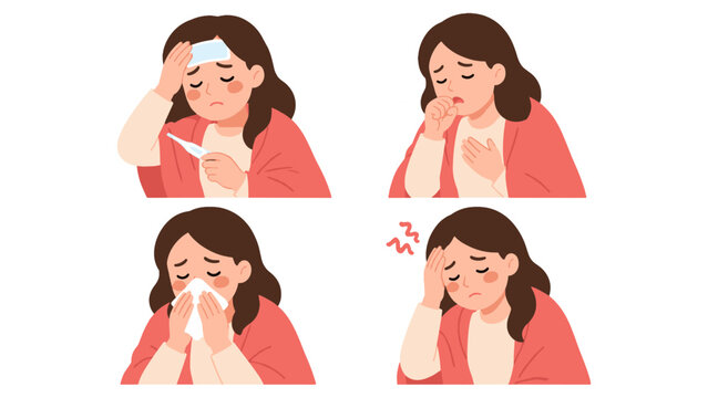 Woman with fever cough sneeze and headache symptom set