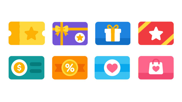 Colorful shopping coupon and gift card icon set collection