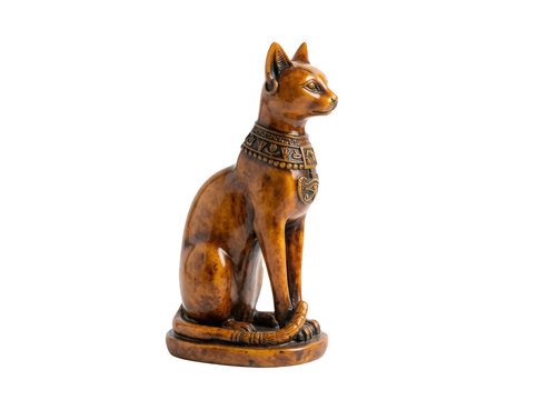 Small brown egyptian cat statue sitting upright as a decorative souvenir figurine isolated on transparent background