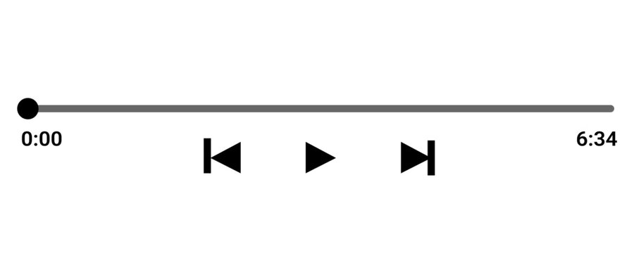 Audio or video player progress loading bar with time slider, play, rewind and fast forward buttons on white background