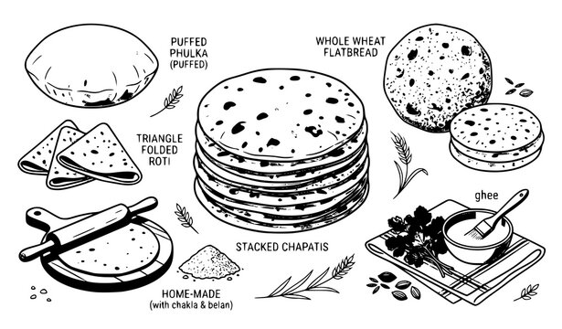 Traditional Indian chapati flat vector illustration set